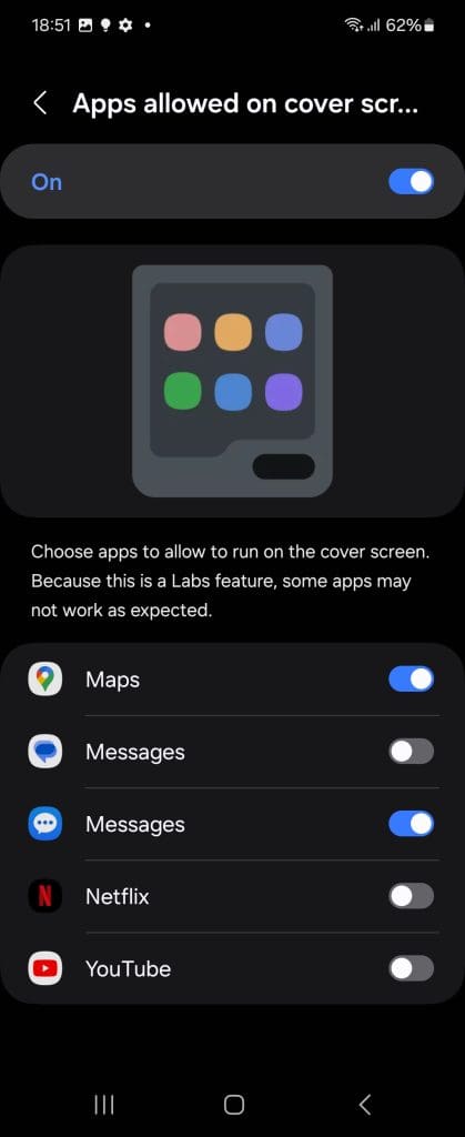 Apps allowed on cover screen