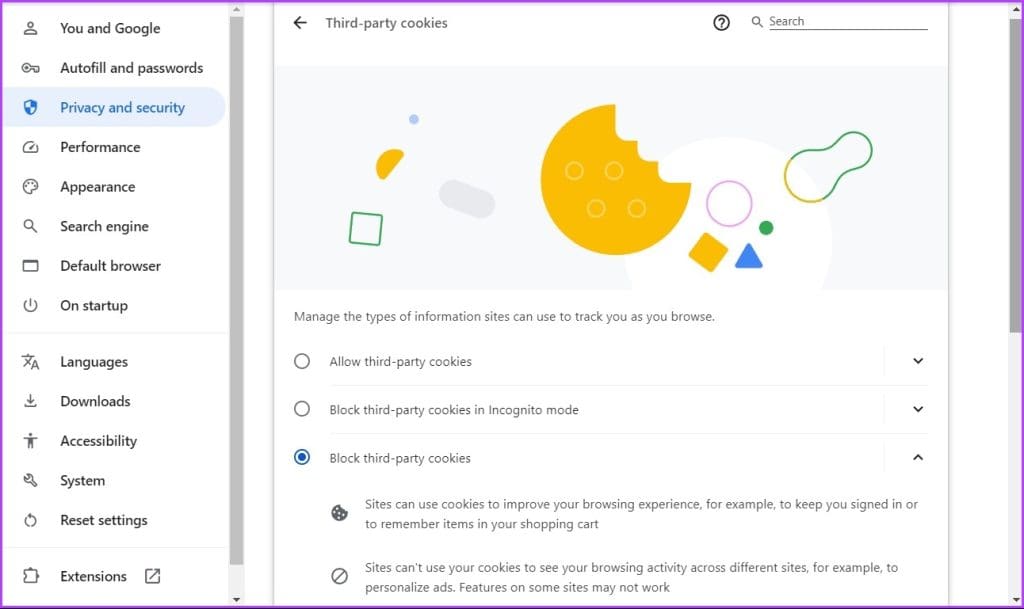 Block third party cookies option in Chrome
