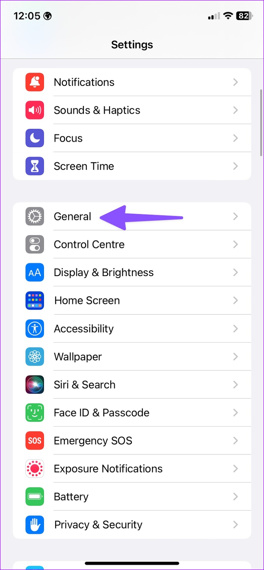 General Option in iPhone Settings Menu