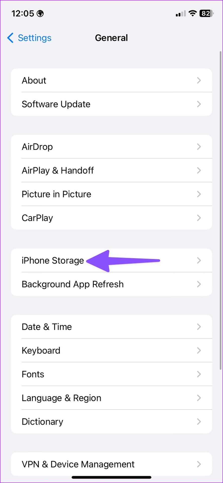 iPhone Storage in Settings Menu