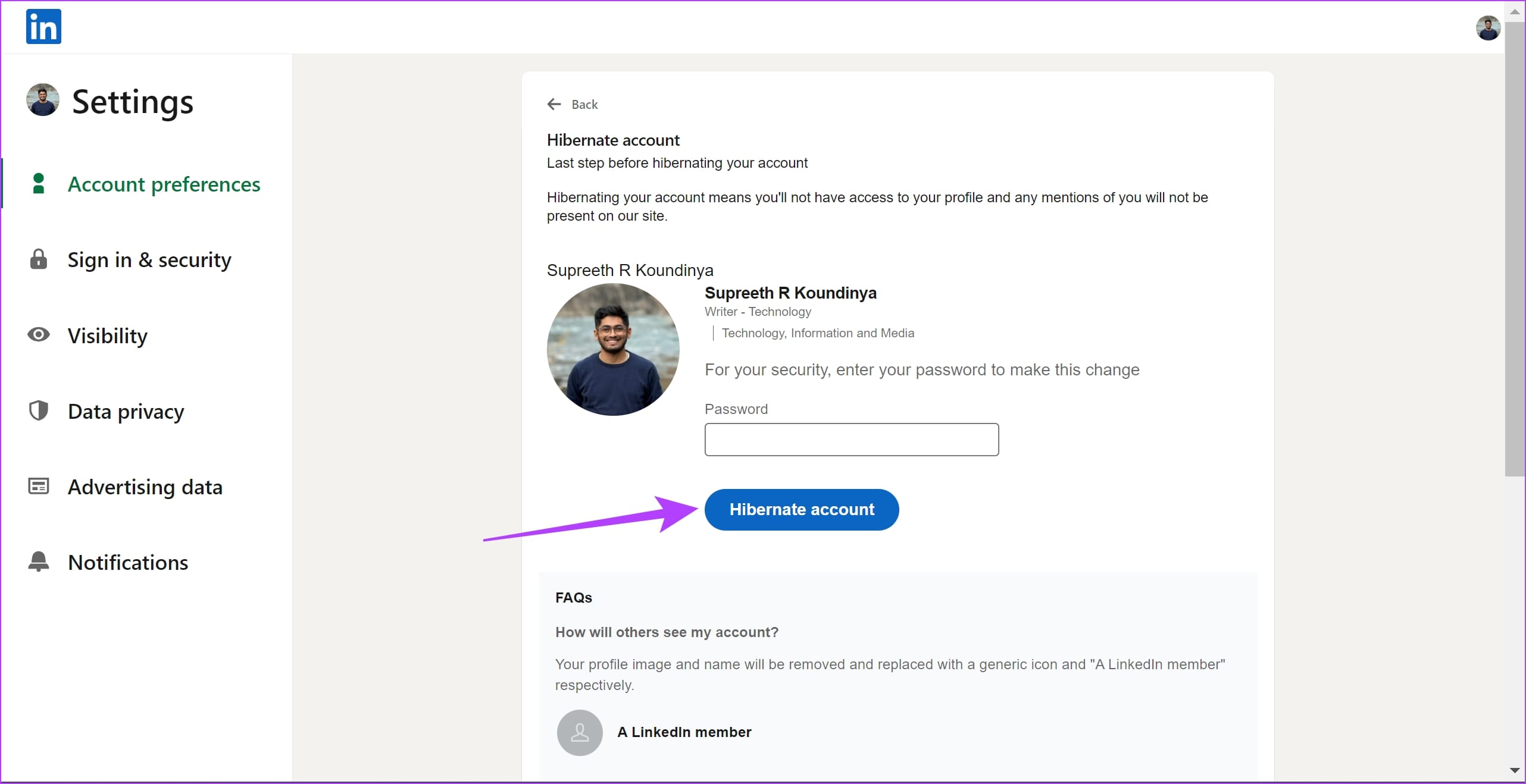 Enter Password and HIbernate Account