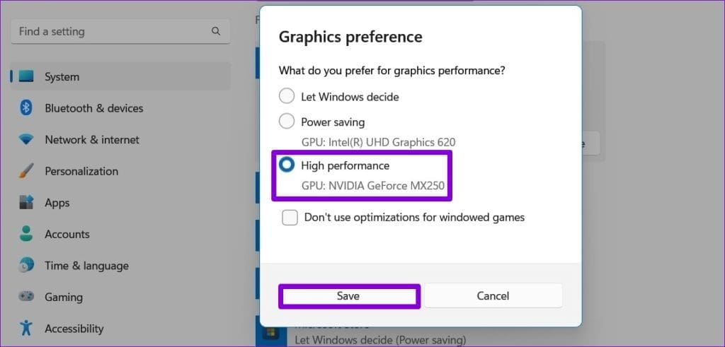 Graphics Settings for App on Windows 11