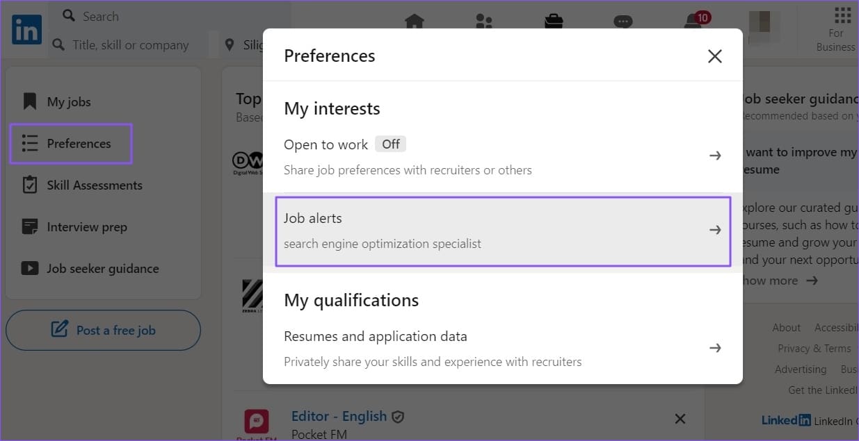 LinkedIn Job alerts Preferences