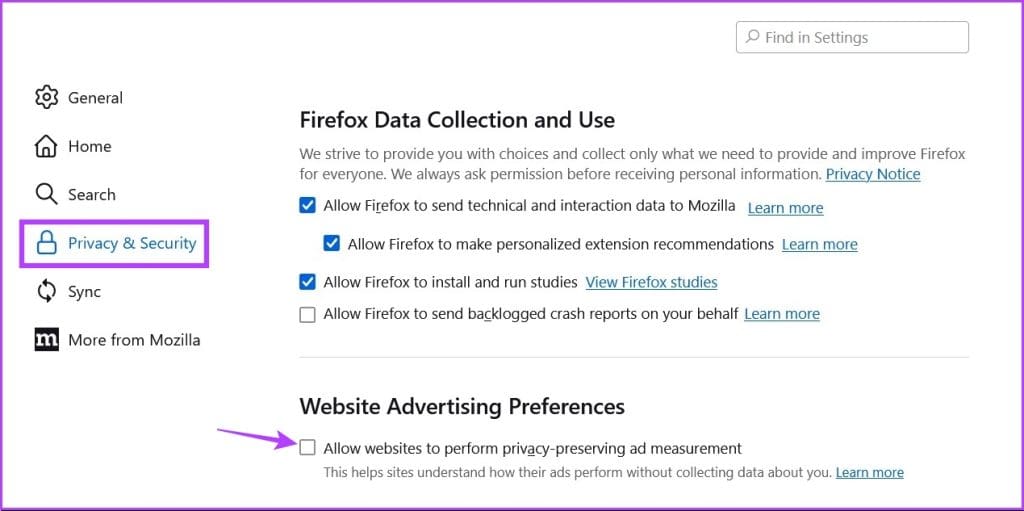 Privacy Preserving Ad Measurement option in Firefox 1