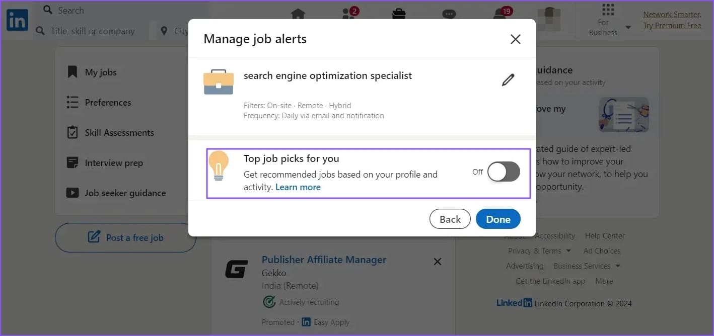 Toggle Off Top Job on Web LinkedIn