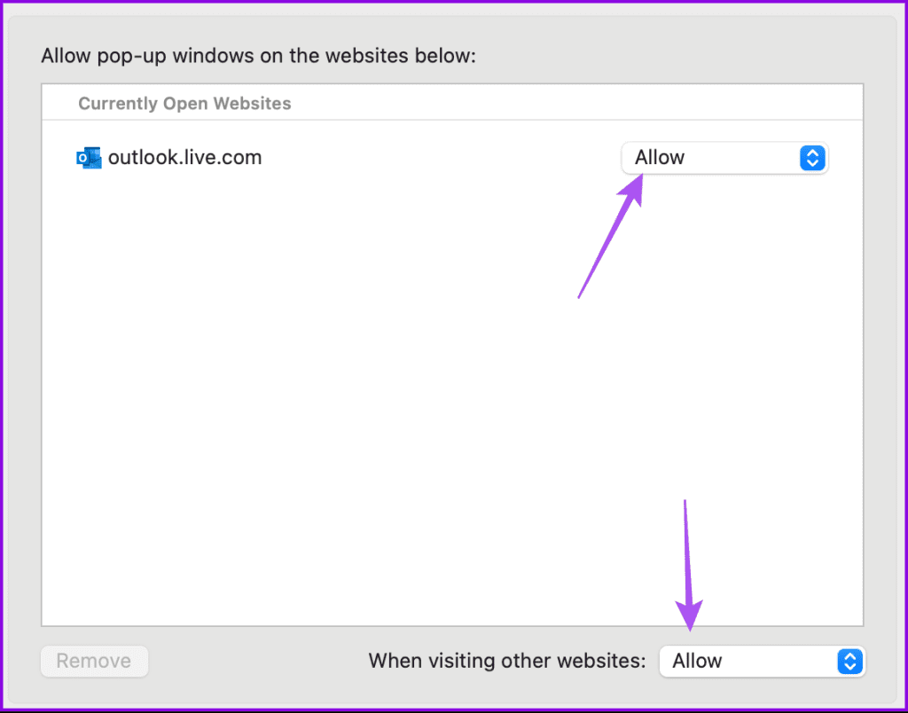 allow pop ups for outlook on safari