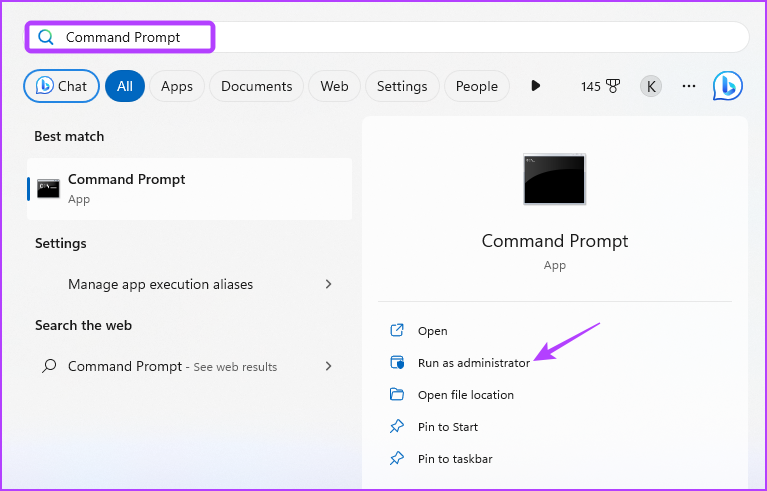 Command Prompt option in Start menu