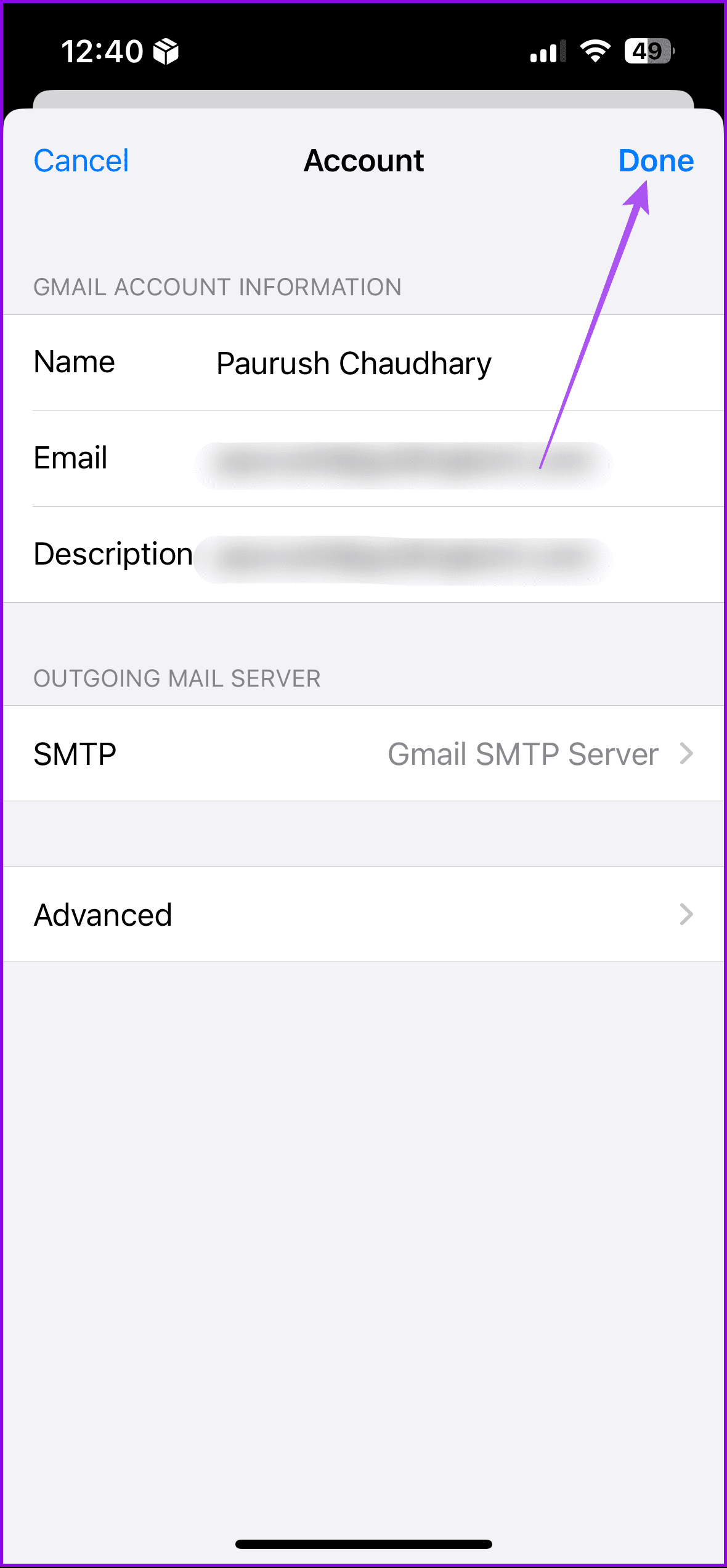 confirm advanced settings accounts mail app iphone