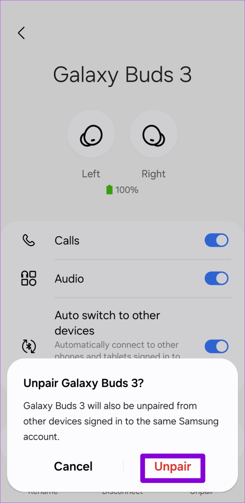 Confirm Unpair Galaxy Buds 3 From Android