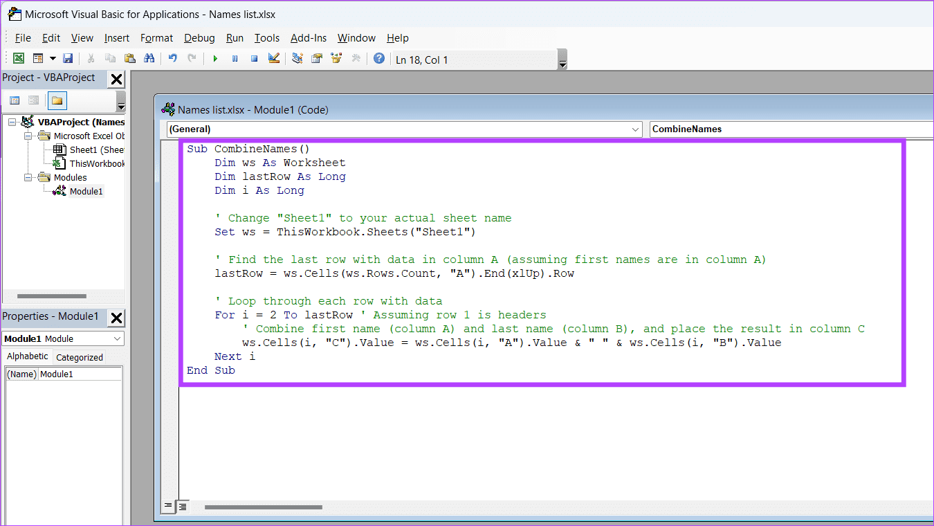 VBA code for Excel