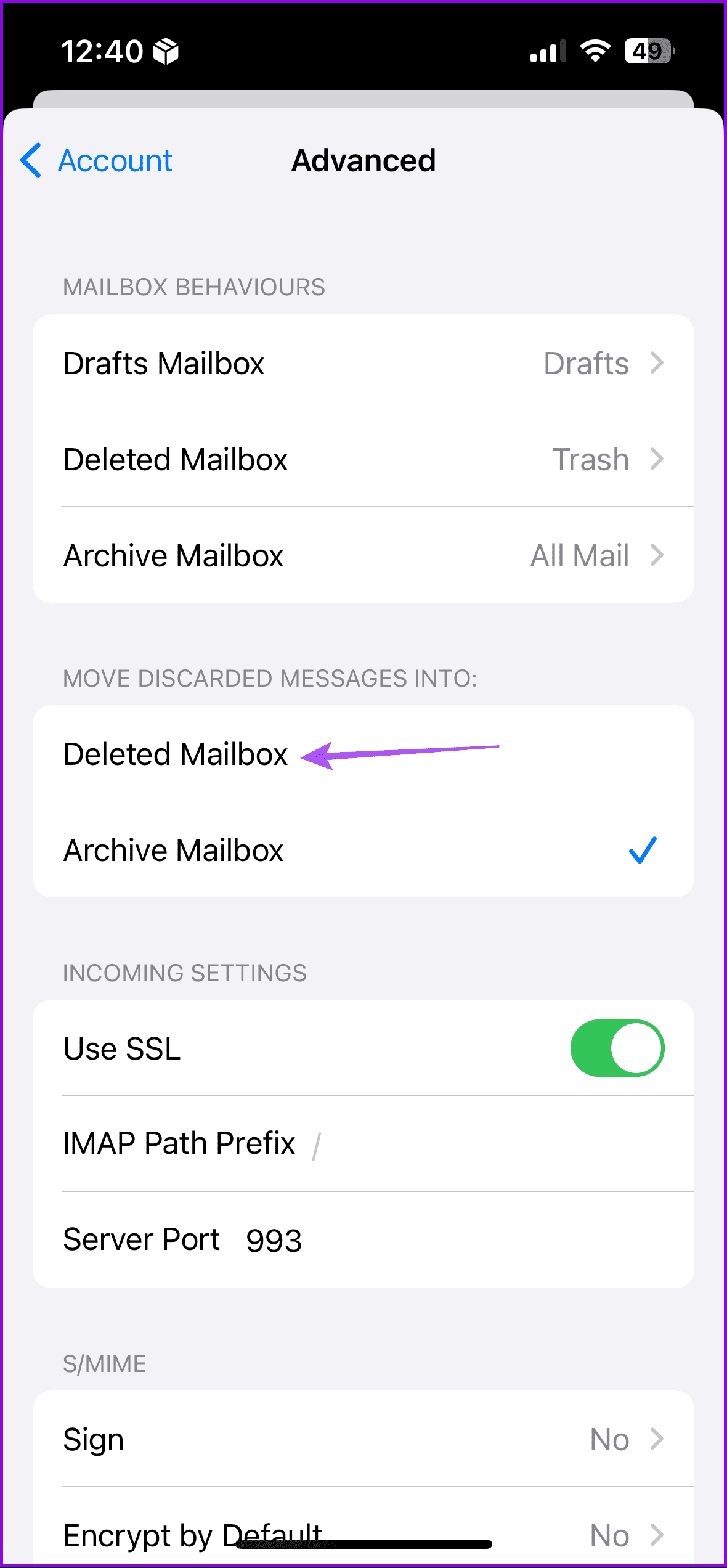 deleted mailbox account settings mail app iphone