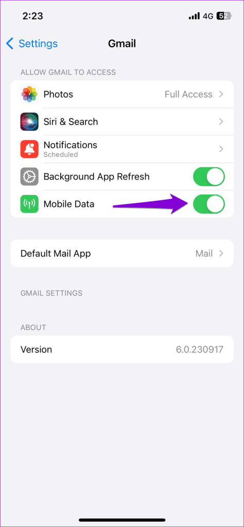 Enable Mobile Data for Gmail on iPhone