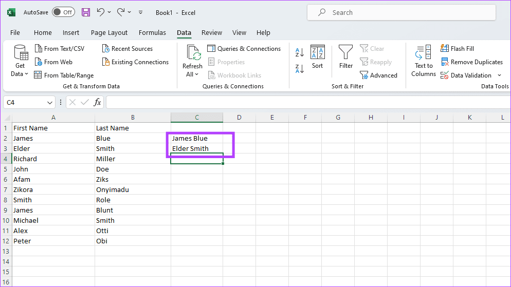 First two values for names