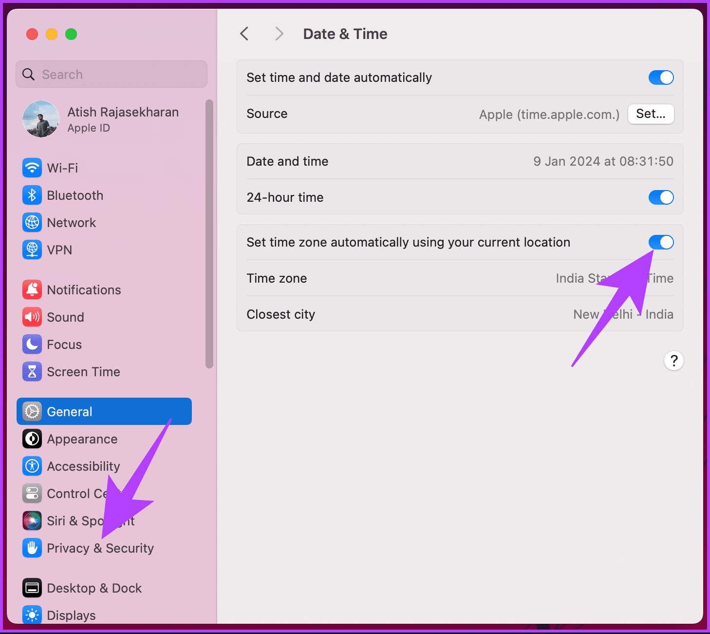 Toggle on ‘Set time zone automatically using your current location’