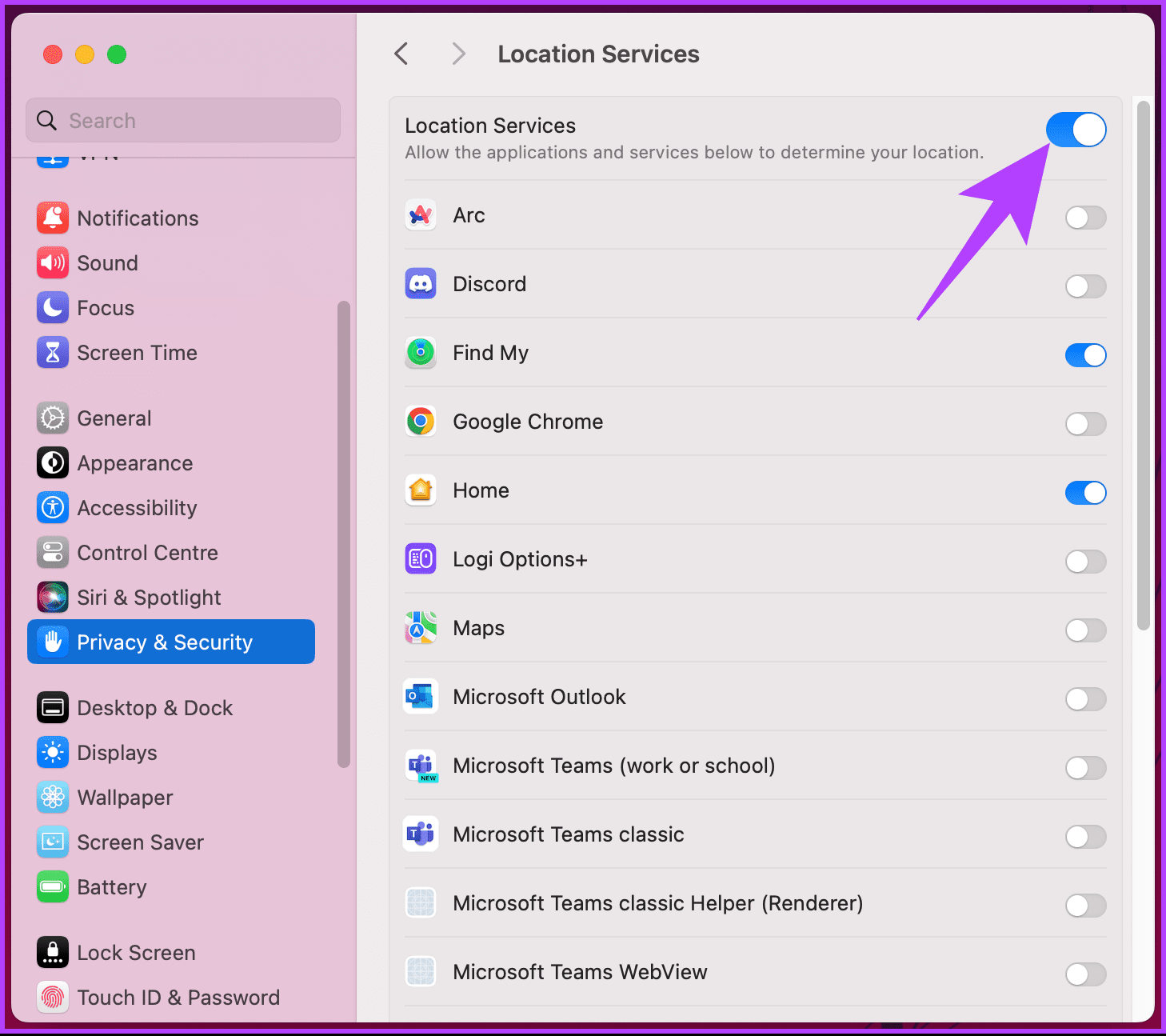 toggle on the Location Services option