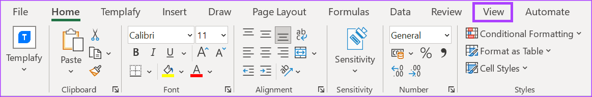 View tab on Excel ribbon