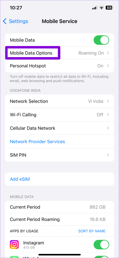 Mobile Data Options on iPhone