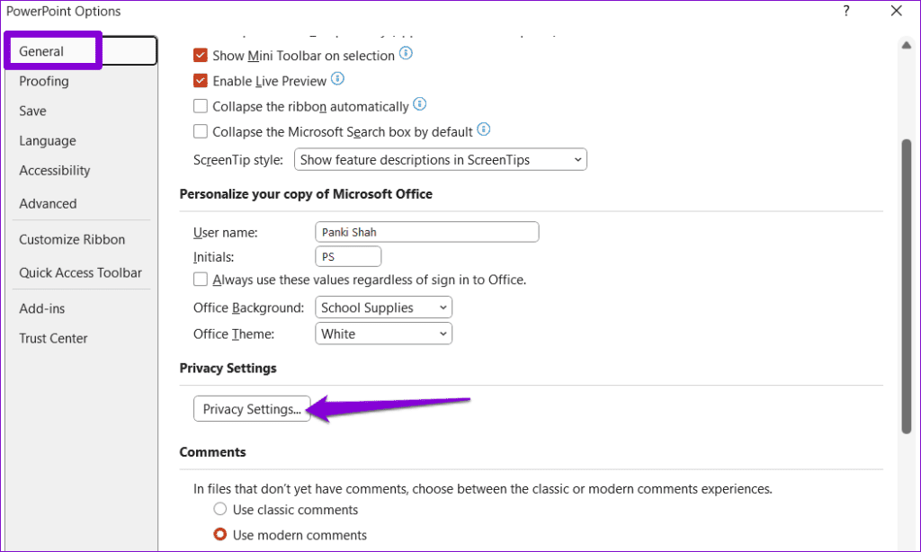 Privacy Settings in PowerPoint