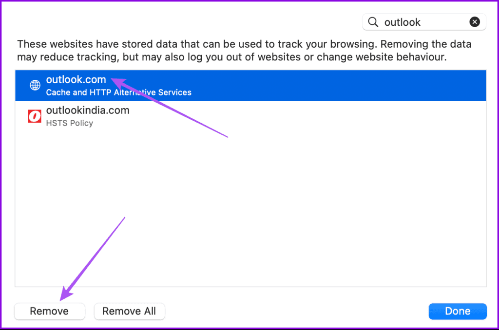 remove outlook cache safari