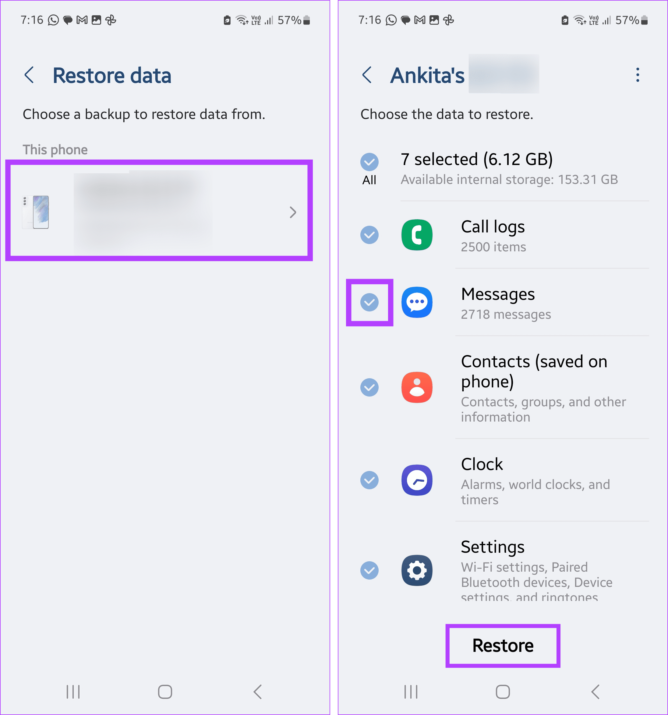 Restore message app data