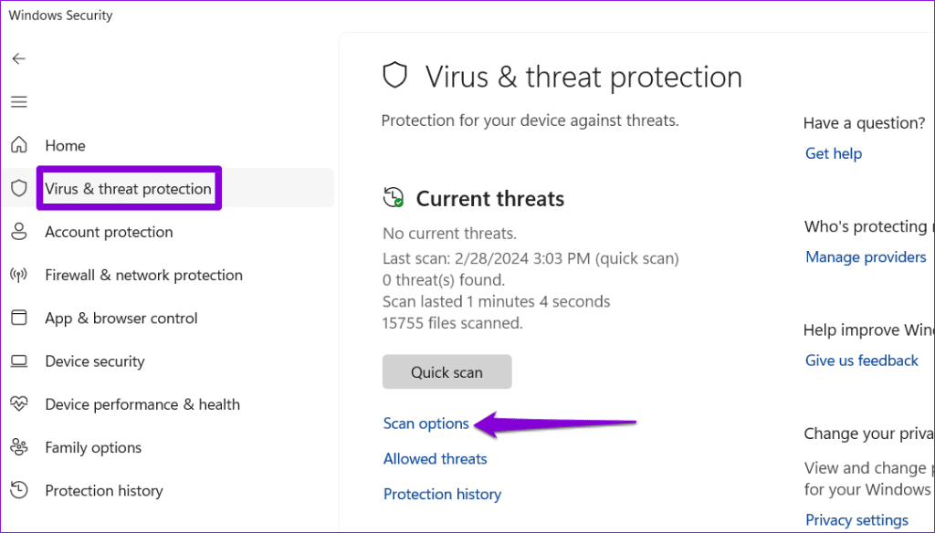 Scan Options in Windows Security App