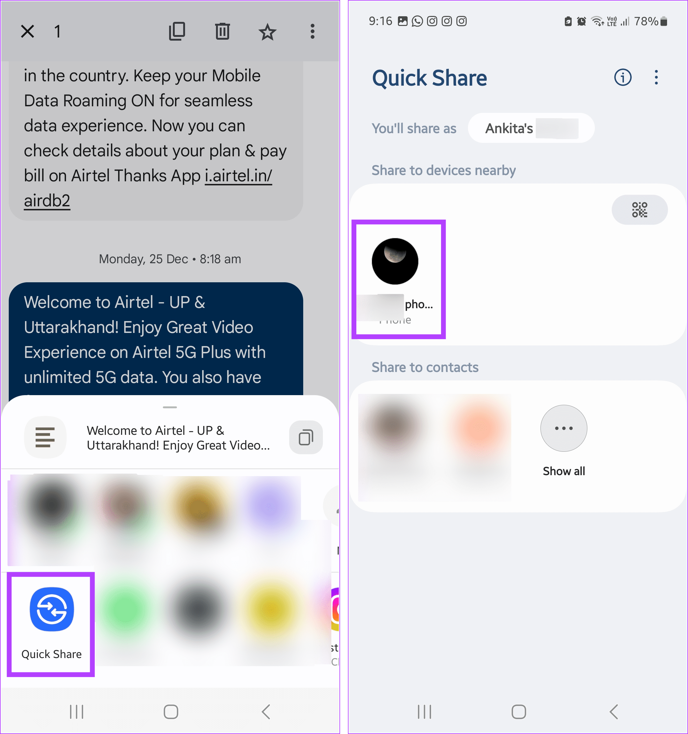 Select device to Quick Share