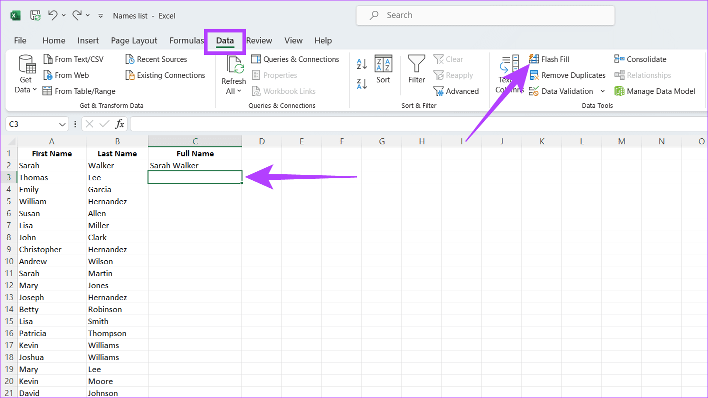 Flash fill option in Excel