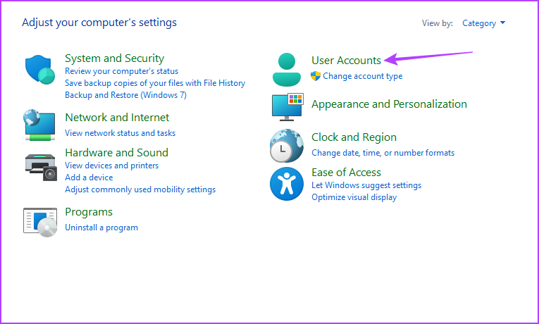 User accounts option in Settings