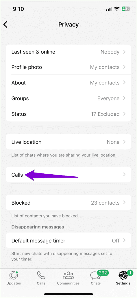 WhatsApp Calls Settings on iPhone